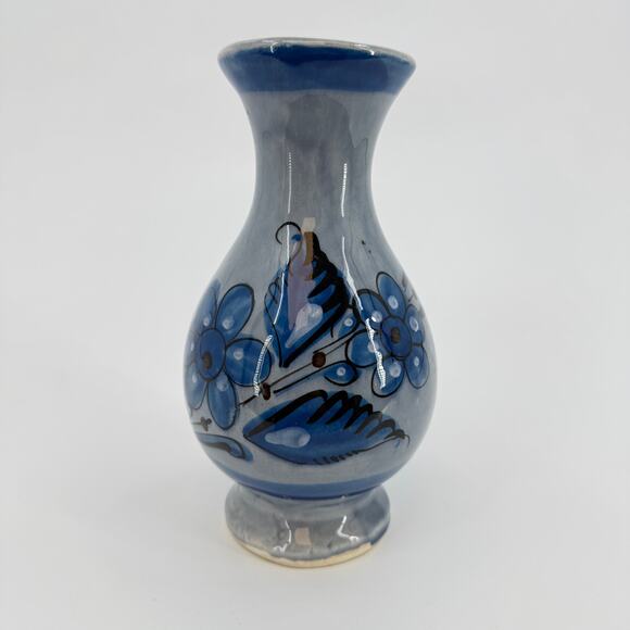 Vintage Mexican Tonala Pottery Vase 8 in Signed Hand Painted Blue Bird Floral - Picture 2 of 6